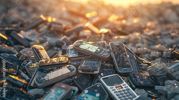 Fototapeta A large pile of old cell phones, abandoned and discarded in a landfill site, representing the waste generated by obsolete technology and electronic products.