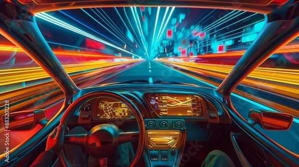 Fototapeta A driver navigates a futuristic car through a high-speed neon-lit urban environment, showcasing advanced digital displays and a cyberpunk aesthetic.