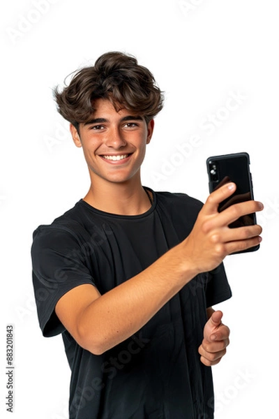 Obraz a young positive man holding a mobile phone to the camera, influencer style
