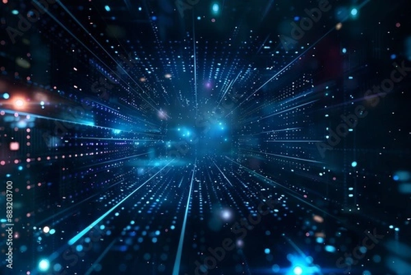 Fototapeta Digital technology background with glowing blue hologram elements and a futuristic grid, creating an abstract digital space or data stream concept in the style of minimal editing.