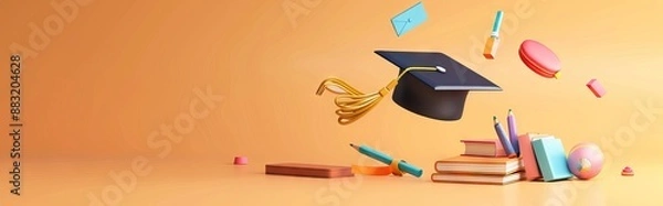 Obraz concept of obtaining higher education. stack of books and graduate cap on a blue background. 3d render. illustration. AI generated illustration