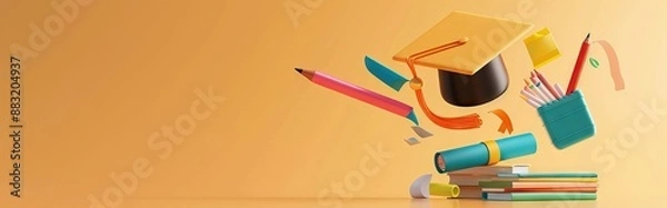 Obraz concept of obtaining higher education. stack of books and graduate cap on a blue background. 3d render. illustration. AI generated illustration