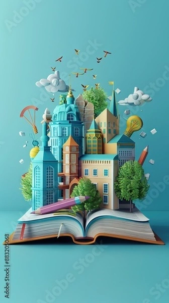 Obraz Styled pop-up book city with busy urban city people. 3D illustration. AI generated illustration