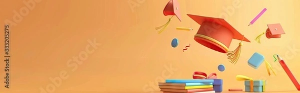 Obraz concept of obtaining higher education. stack of books and graduate cap on a blue background. 3d render. illustration. AI generated illustration