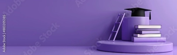 Obraz 3D rendering of a podium with a graduation hat, ladder and books on a purple background. AI generated illustration