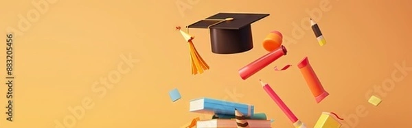 Obraz concept of obtaining higher education. stack of books and graduate cap on a blue background. 3d render. illustration. AI generated illustration