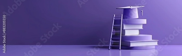 Obraz 3D rendering of a podium with a graduation hat, ladder and books on a purple background. AI generated illustration