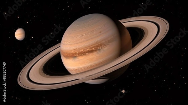 Fototapeta A highly realistic depiction captures Saturn's mesmerizing rings and one of its moons against the backdrop of space, reflecting the splendid features of the gas giant planet.