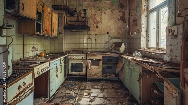Fototapeta Eerie, abandoned kitchen scene showing dirt, decay, and broken cabinets, evoking a sense of neglect and the haunting passage of time in a once lively space.