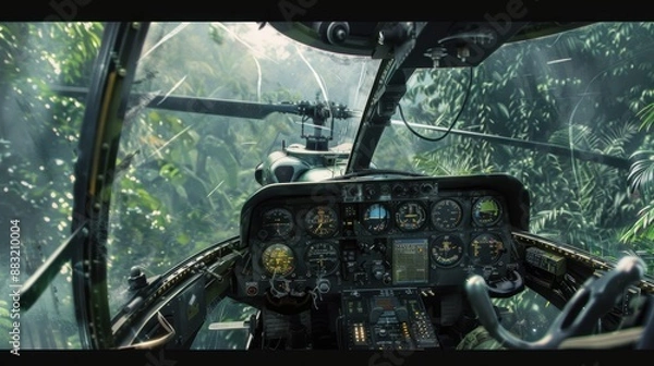 Fototapeta A close-up of an Attack Helicopters AH-64 Apaches cockpit amidst a jungle operation The pilots face is tense with concentration