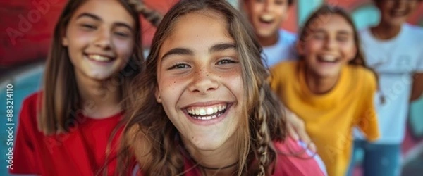 Fototapeta Teens having fun, their faces glowing with excitement