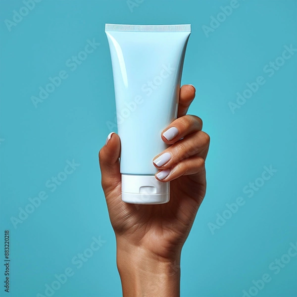 Fototapeta Hand holding tube with cosmetic product on blue background. Made with generative ai