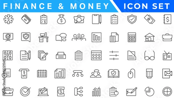 Fototapeta Money line icons. Set of Banking, Wallet and Coins icons. Credit card, Currency exchange and Cashback money service. Euro and Dollar, Cash wallet, exchange. Banking credit card, atm payment. Vector