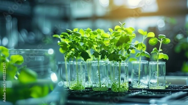Fototapeta Concept of green technology with plants growing in glass flasks