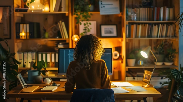 Fototapeta Person Working From Home at Wooden Desk in Cozy Office