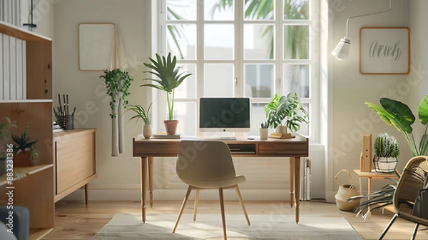 Fototapeta Well-Organized Modern Home Office Workspace with Desk and Plants