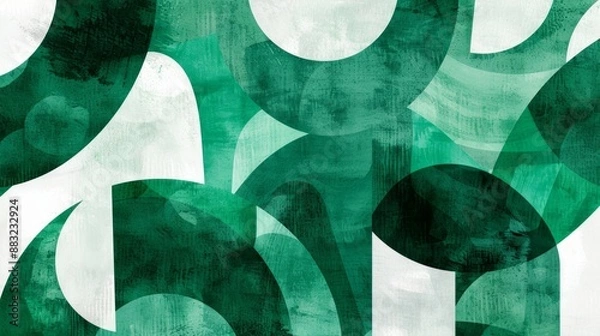 Fototapeta Abstract emerald green and white retro 70s overlapping shapes watercolor concept texture