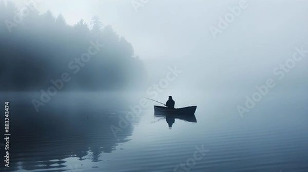 Obraz Fisherman in a boat on a forest lake on a foggy morning