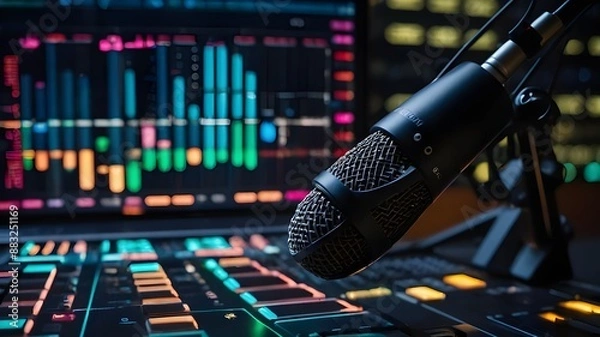 Fototapeta sophisticated broadcasting microphone in an audio creation environment featuring digital sound editing capabilities and abstract voice over waveforms. Podcasting idea.