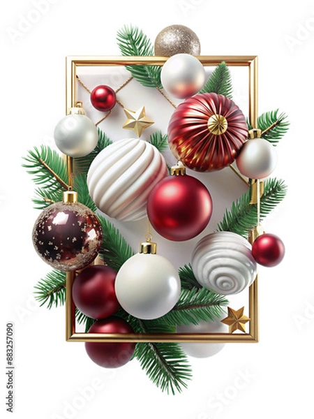 Obraz Opulent 3D golden frame with intricate Christmas decor, fir, and gems. Luxurious holiday design on transparent background.