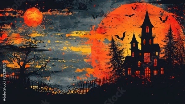 Fototapeta Silhouette of a Haunted House and Bats Against a Blood Moon Night Sky on Halloween.