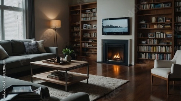 Fototapeta A cozy living room featuring a lit fireplace, built-in bookshelves filled with books, a comfortable sofa, and a coffee table, creating a warm and inviting atmosphere.

