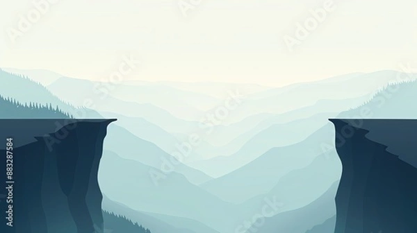 Fototapeta Abstract surreal landscape with two cliffs opposing each other, vividly illustrating a large gap or chasm with foggy mountains in the background.