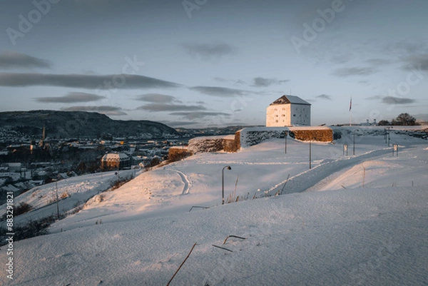 Obraz Kristiansten Festning old fortress on the hills in Trondheim, Norway. View on the Fortress. Beautiful winter scenery.