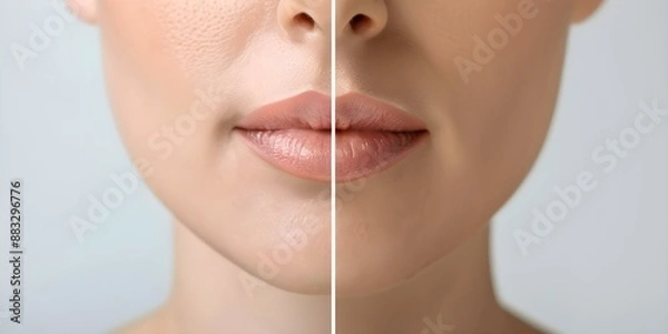 Fototapeta Before and after closeup of young womans dry lips treatment. Concept Lip Care Routine, Dry Lips Solution, Before and After Transformation, Beauty Tips