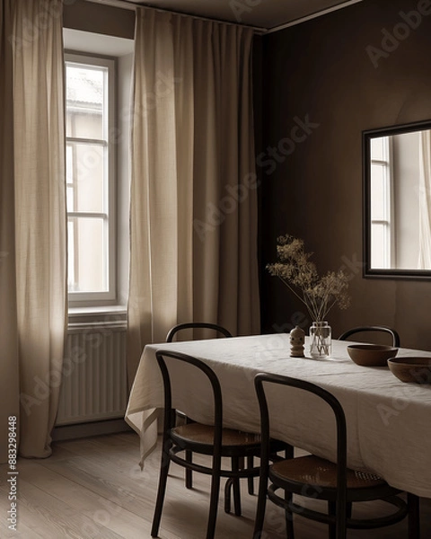Obraz Cozy Dining Room with Neutral Tones, Wooden Chairs, and Small Window Allowing Natural Light