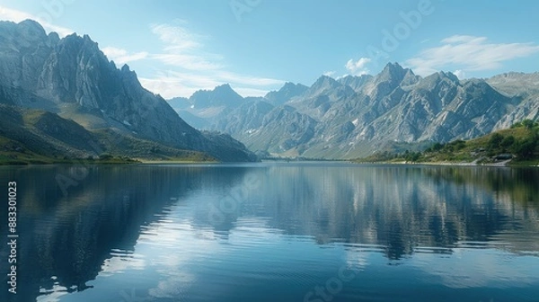 Fototapeta Tranquil lake reflecting towering mountains