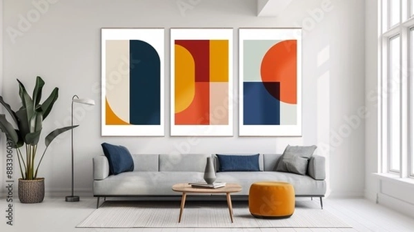 Fototapeta A set of three minimalistic abstract posters featuring a continuous image across a pristine white background, creating a harmonious wall art display
