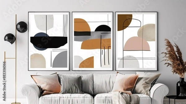 Fototapeta Three modern abstract art posters with a continuous minimalistic pattern, seamlessly connected on a white background for a sleek and elegant decor