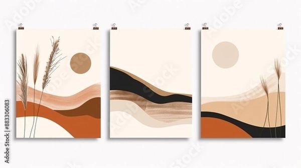 Fototapeta A set of three minimalistic abstract art posters with a continuous flow, displayed on a white background for a cohesive and stylish appearance