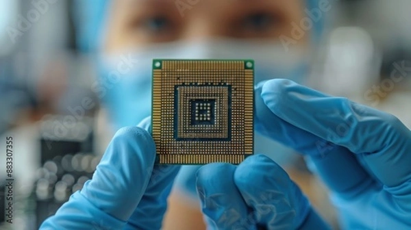 Fototapeta Technician Holding Microprocessor with Precision in Modern Laboratory