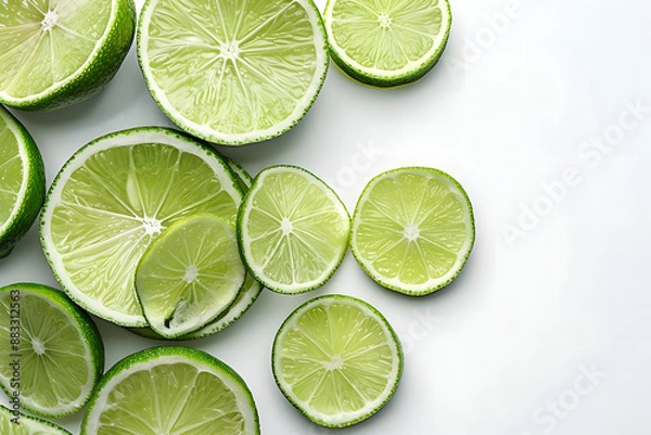 Fototapeta Flatlay of Lime fruit slices on a white background