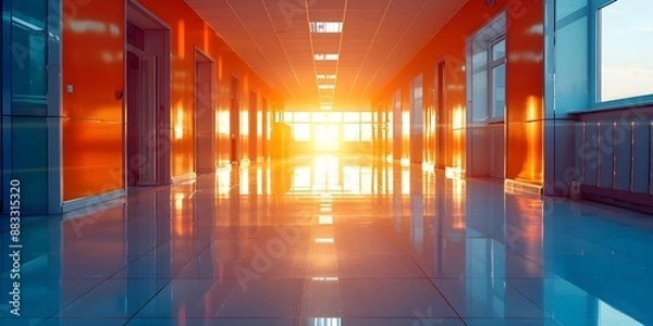 Fototapeta Modern Lighting and Technology Enhance the Ambiance of an Empty School Hallway. Concept School Hallway, Modern Lighting, Technology, Ambiance, Photography