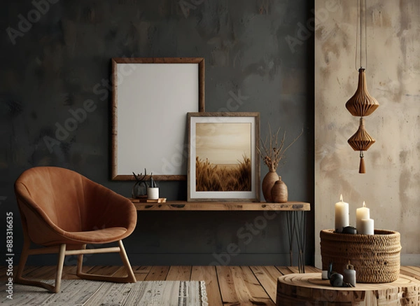 Fototapeta Mockup frame in nomadic boho interior background with rustic decor, 3d render