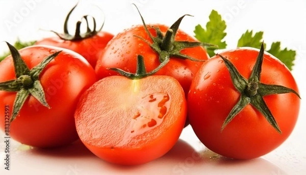 Obraz Fresh raw sliced and whole tomatoes isolated on white background