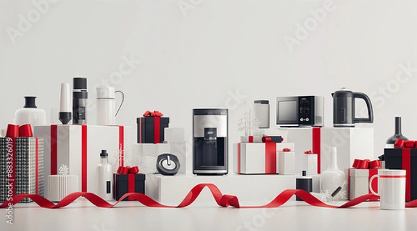 Obraz Set of home appliances with red gift ribbon isolated on white background, in the style of a