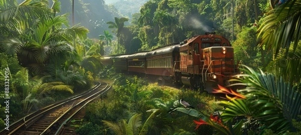 Fototapeta Scenic Train Ride Through Lush Tropical Rainforest with Exotic Birds and Dense Greenery