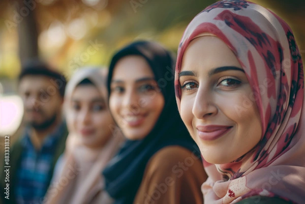 Fototapeta Smiling Group of Friends in Hijabs Enjoying Outdoor Gathering on a Sunny Day