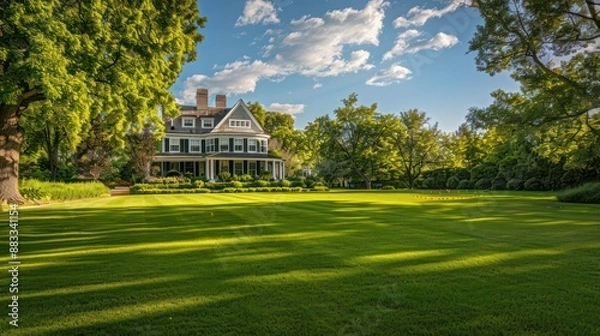 Obraz The lush, manicured lawn of a Suburban Colonial home, perfect for a family picnic or a game of croquet under the summer sky