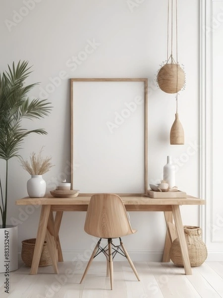 Fototapeta Interior poster mockup with vertical frame in home interior background. Mockup Poster Frame in cozy room