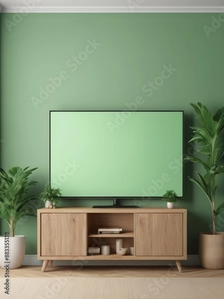 Fototapeta Mockup of a Black TV Frame in a Modern Family Lounge, 3D Render with a Blank White Screen. Modern Cozy Interior Design With Sofa
