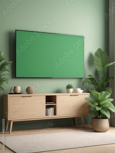 Fototapeta Mockup of a Black TV Frame in a Modern Family Lounge, 3D Render with a Blank White Screen. Modern Cozy Interior Design With Sofa