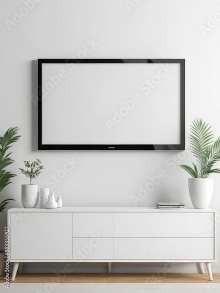Fototapeta Mockup of a Black TV Frame in a Modern Family Lounge, 3D Render with a Blank White Screen. Modern Cozy Interior Design With Sofa