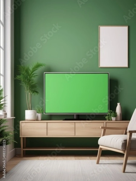 Fototapeta Mockup of a Black TV Frame in a Modern Family Lounge, 3D Render with a Blank White Screen. Modern Cozy Interior Design With Sofa