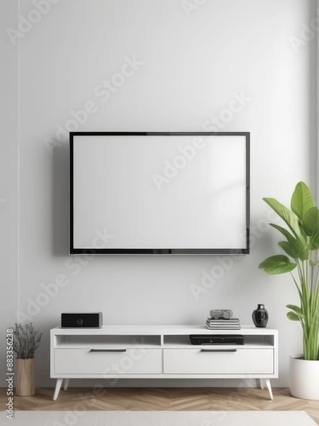 Fototapeta Mockup of a Black TV Frame in a Modern Family Lounge, 3D Render with a Blank White Screen. Modern Cozy Interior Design With Sofa