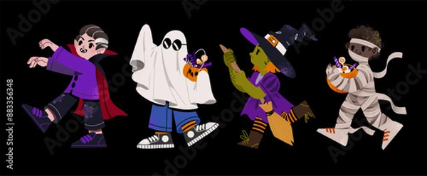 Fototapeta Halloween children costume, which, ghost, vampire, mummy. The kids dressed in halloween costume to go Trick or Treating. Vector characters set isolated on black background.